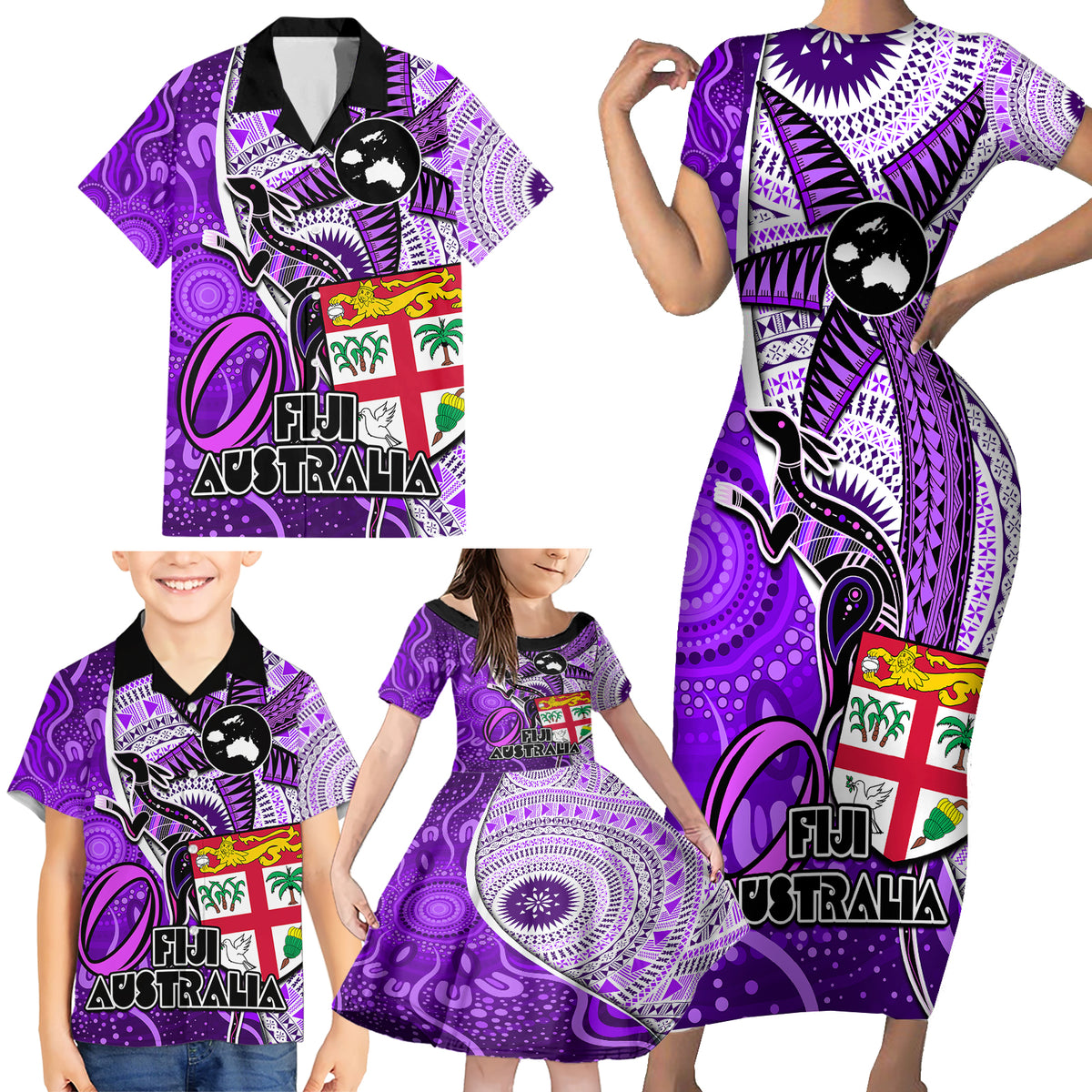Fiji Australia Rugby Family Matching Short Sleeve Bodycon Dress and Hawaiian Shirt Kangaroo and Palm Tree Purple Tapa Pattern Mix Aboriginal LT03 - Polynesian Pride