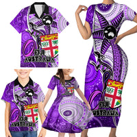 Fiji Australia Rugby Family Matching Short Sleeve Bodycon Dress and Hawaiian Shirt Kangaroo and Palm Tree Purple Tapa Pattern Mix Aboriginal LT03 - Polynesian Pride