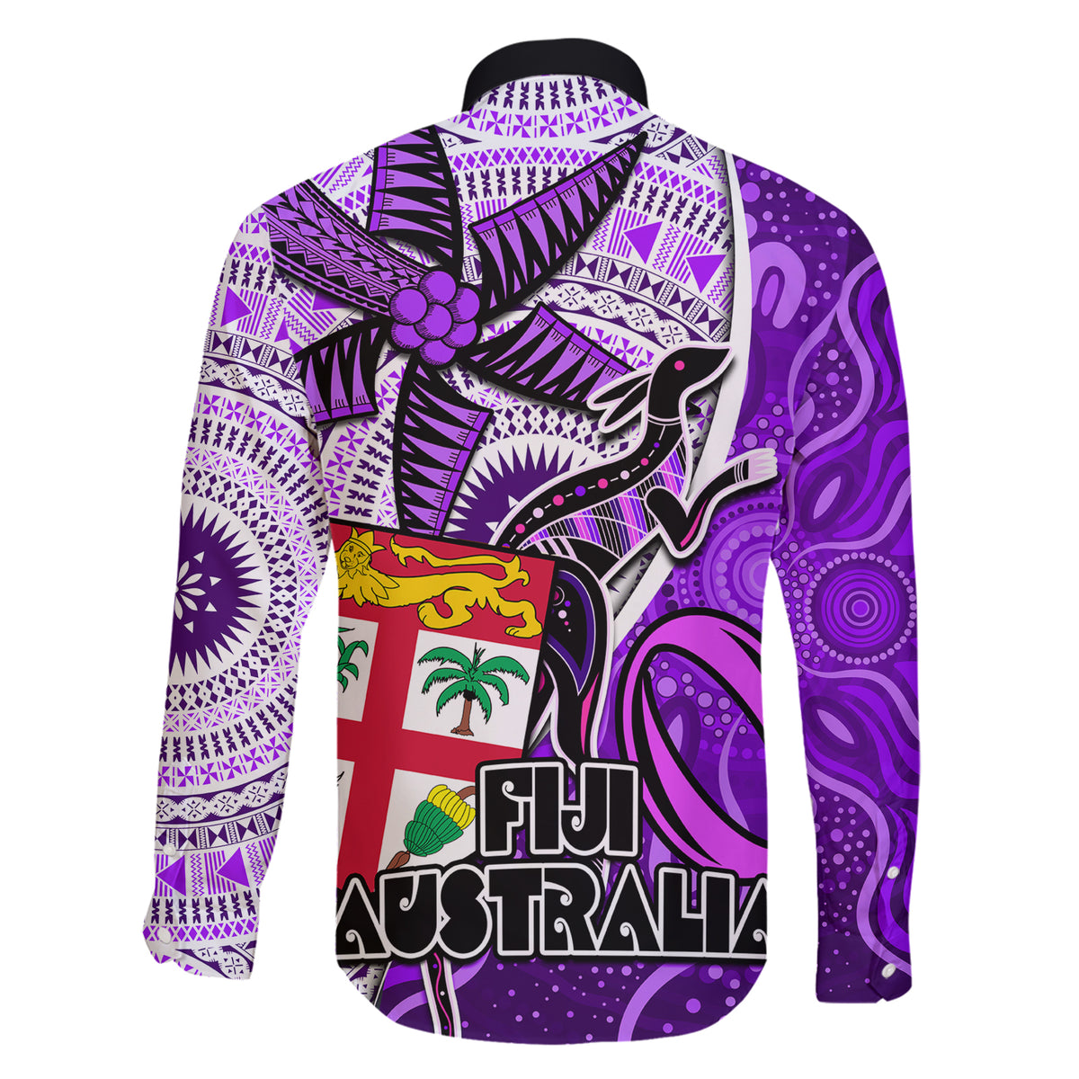 Fiji Australia Rugby Family Matching Short Sleeve Bodycon Dress and Hawaiian Shirt Kangaroo and Palm Tree Purple Tapa Pattern Mix Aboriginal LT03 - Polynesian Pride