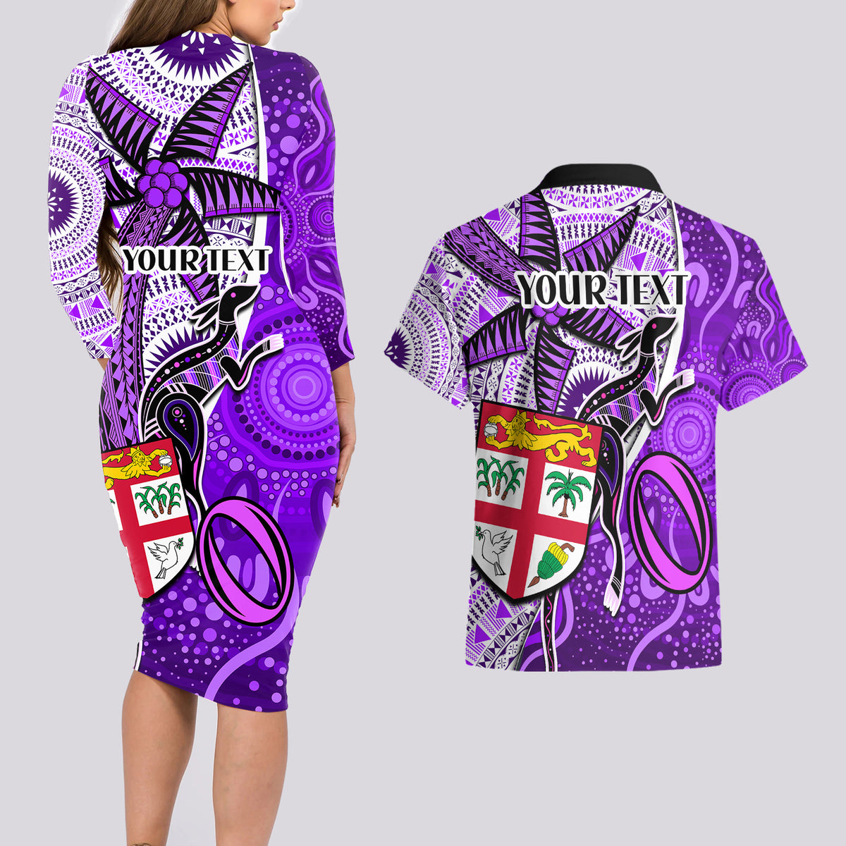 Personalised Fiji Australia Rugby Couples Matching Long Sleeve Bodycon Dress and Hawaiian Shirt Kangaroo and Palm Tree Purple Tapa Pattern Mix Aboriginal LT03 - Polynesian Pride