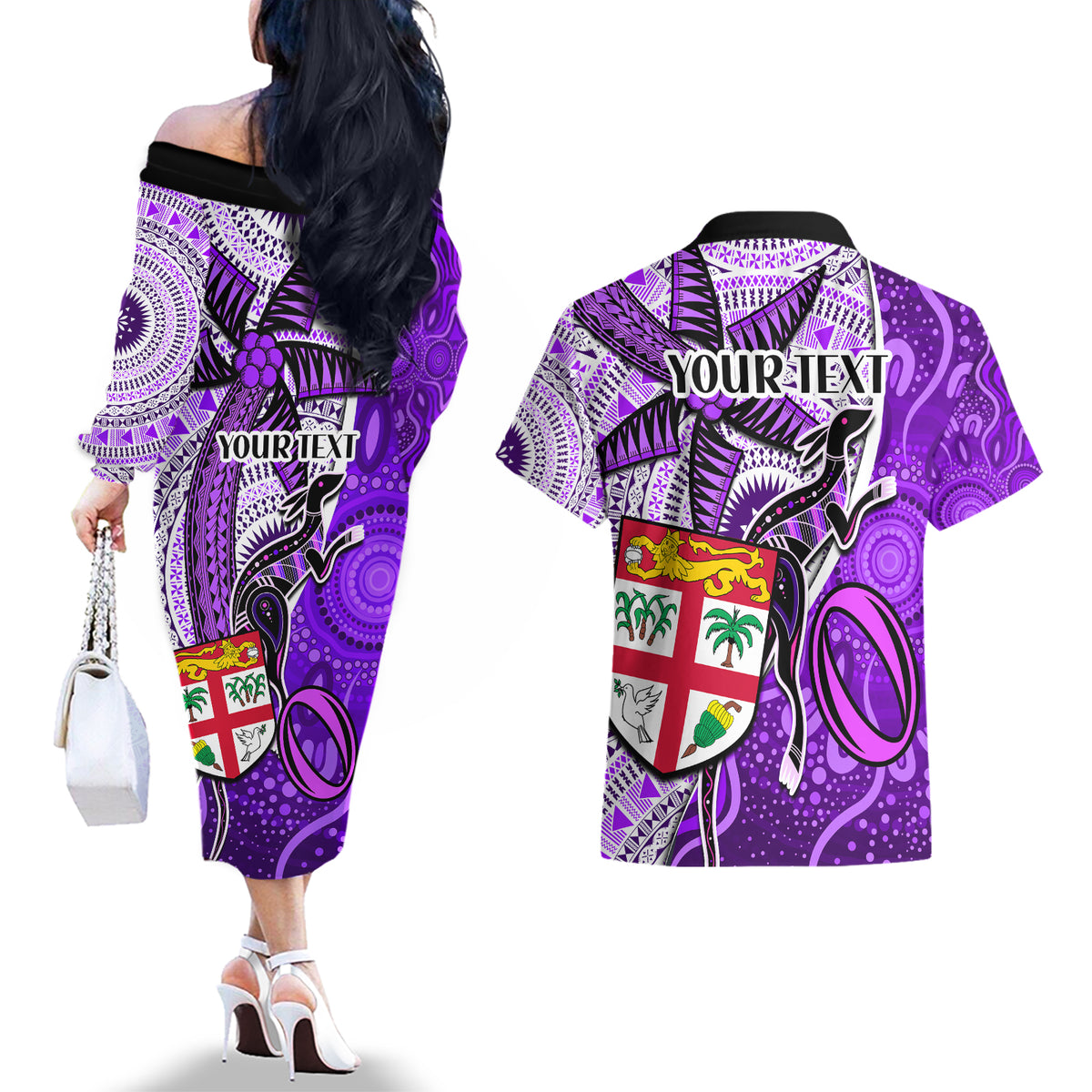 Personalised Fiji Australia Rugby Couples Matching Off The Shoulder Long Sleeve Dress and Hawaiian Shirt Kangaroo and Palm Tree Purple Tapa Pattern Mix Aboriginal LT03 - Polynesian Pride