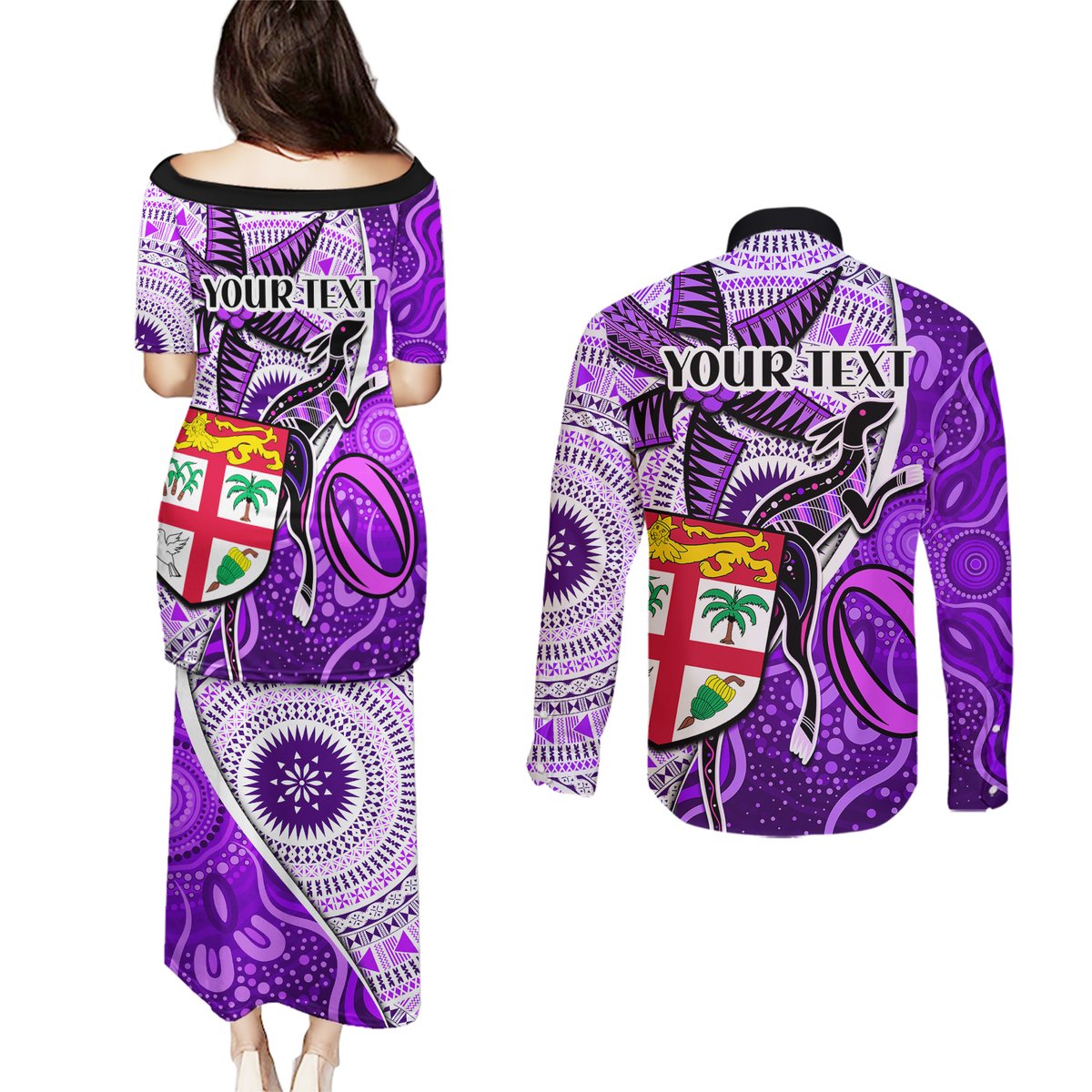 personalised-fiji-australia-rugby-couples-matching-puletasi-dress-and-long-sleeve-button-shirts-kangaroo-and-palm-tree-purple-tapa-pattern-mix-aboriginal