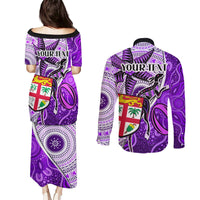 personalised-fiji-australia-rugby-couples-matching-puletasi-dress-and-long-sleeve-button-shirts-kangaroo-and-palm-tree-purple-tapa-pattern-mix-aboriginal