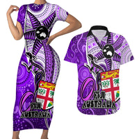 Personalised Fiji Australia Rugby Couples Matching Short Sleeve Bodycon Dress and Hawaiian Shirt Kangaroo and Palm Tree Purple Tapa Pattern Mix Aboriginal LT03 Purple - Polynesian Pride