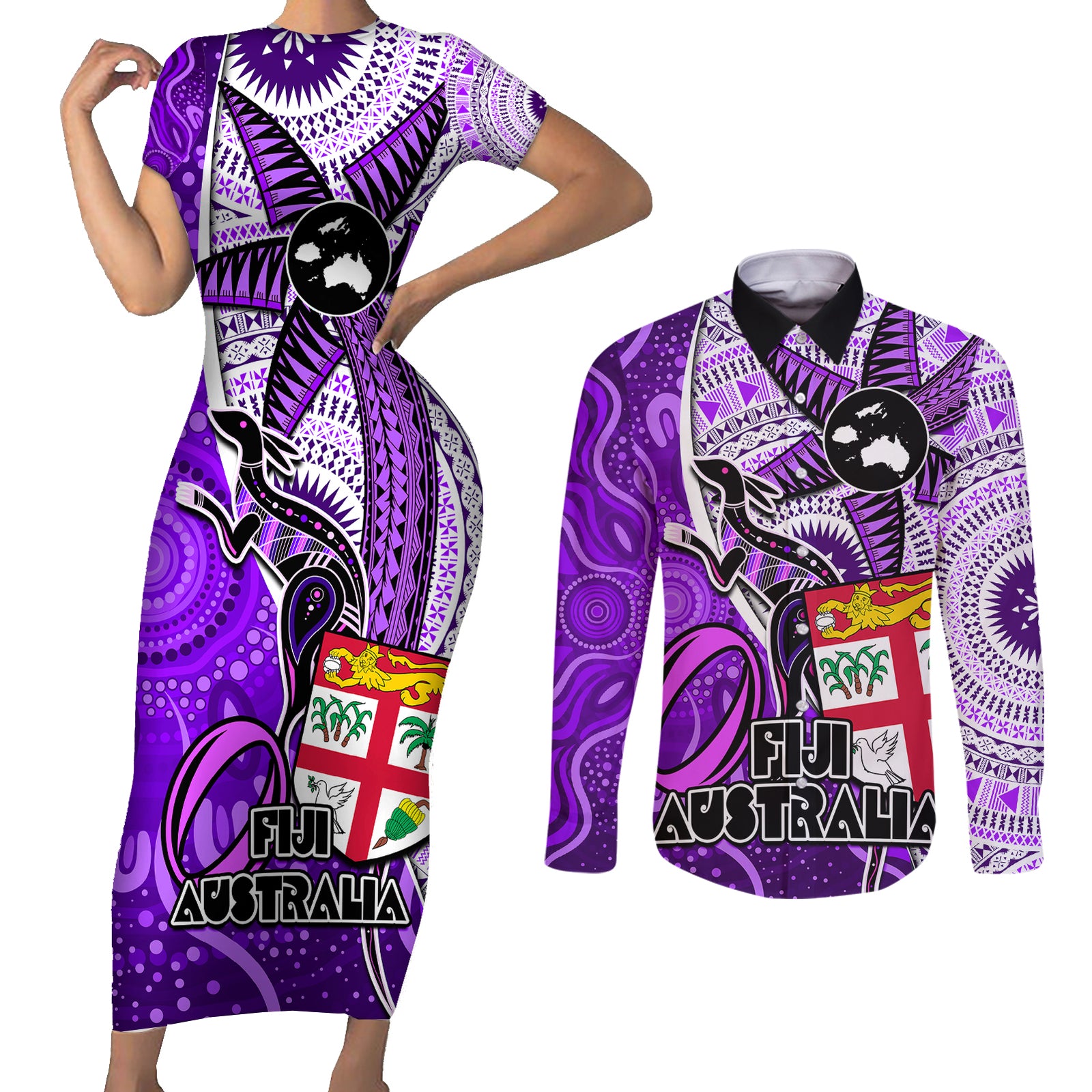personalised-fiji-australia-rugby-couples-matching-short-sleeve-bodycon-dress-and-long-sleeve-button-shirts-kangaroo-and-palm-tree-purple-tapa-pattern-mix-aboriginal