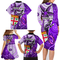 Personalised Fiji Australia Rugby Family Matching Long Sleeve Bodycon Dress and Hawaiian Shirt Kangaroo and Palm Tree Purple Tapa Pattern Mix Aboriginal LT03 - Polynesian Pride