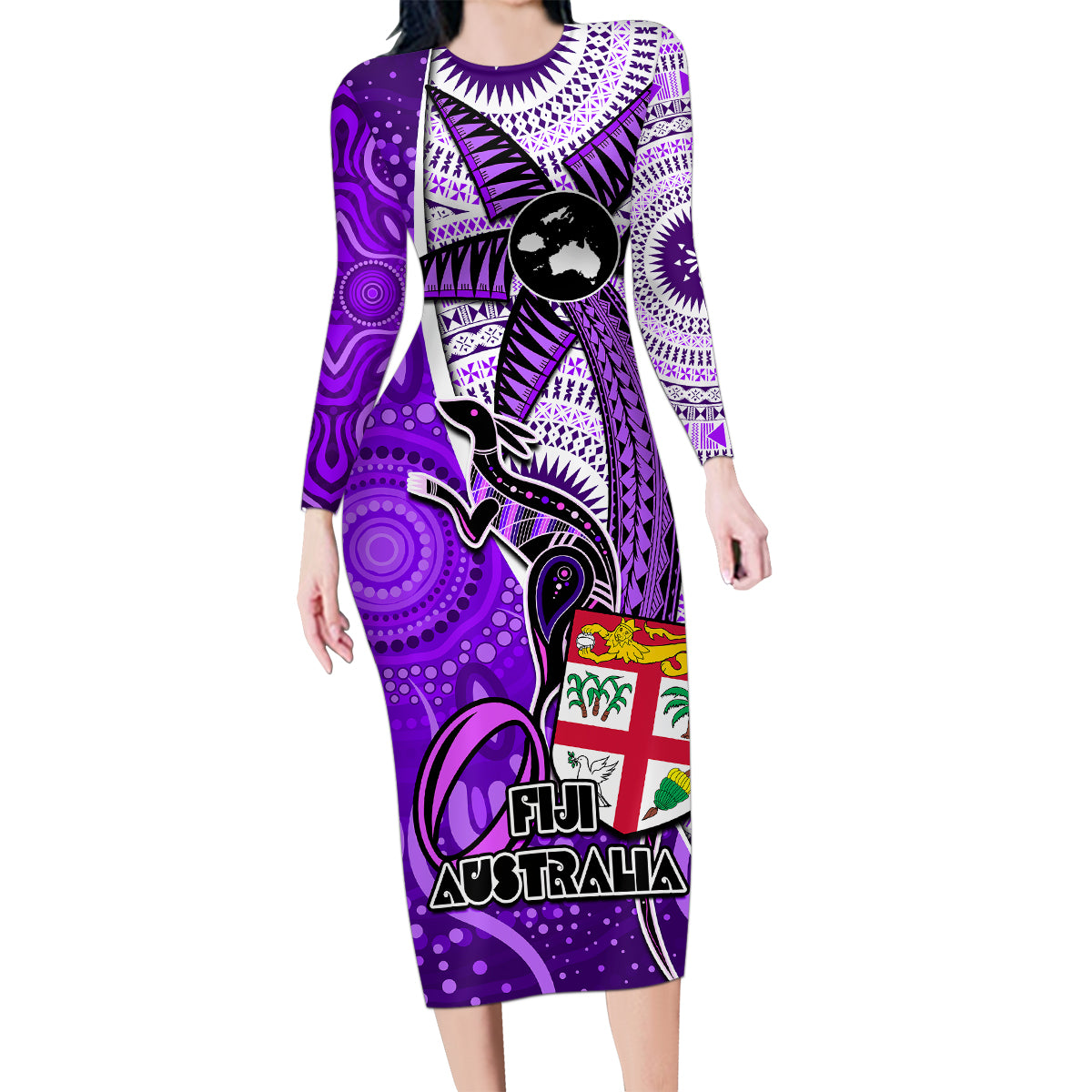 Personalised Fiji Australia Rugby Family Matching Long Sleeve Bodycon Dress and Hawaiian Shirt Kangaroo and Palm Tree Purple Tapa Pattern Mix Aboriginal LT03 Mom's Dress Purple - Polynesian Pride