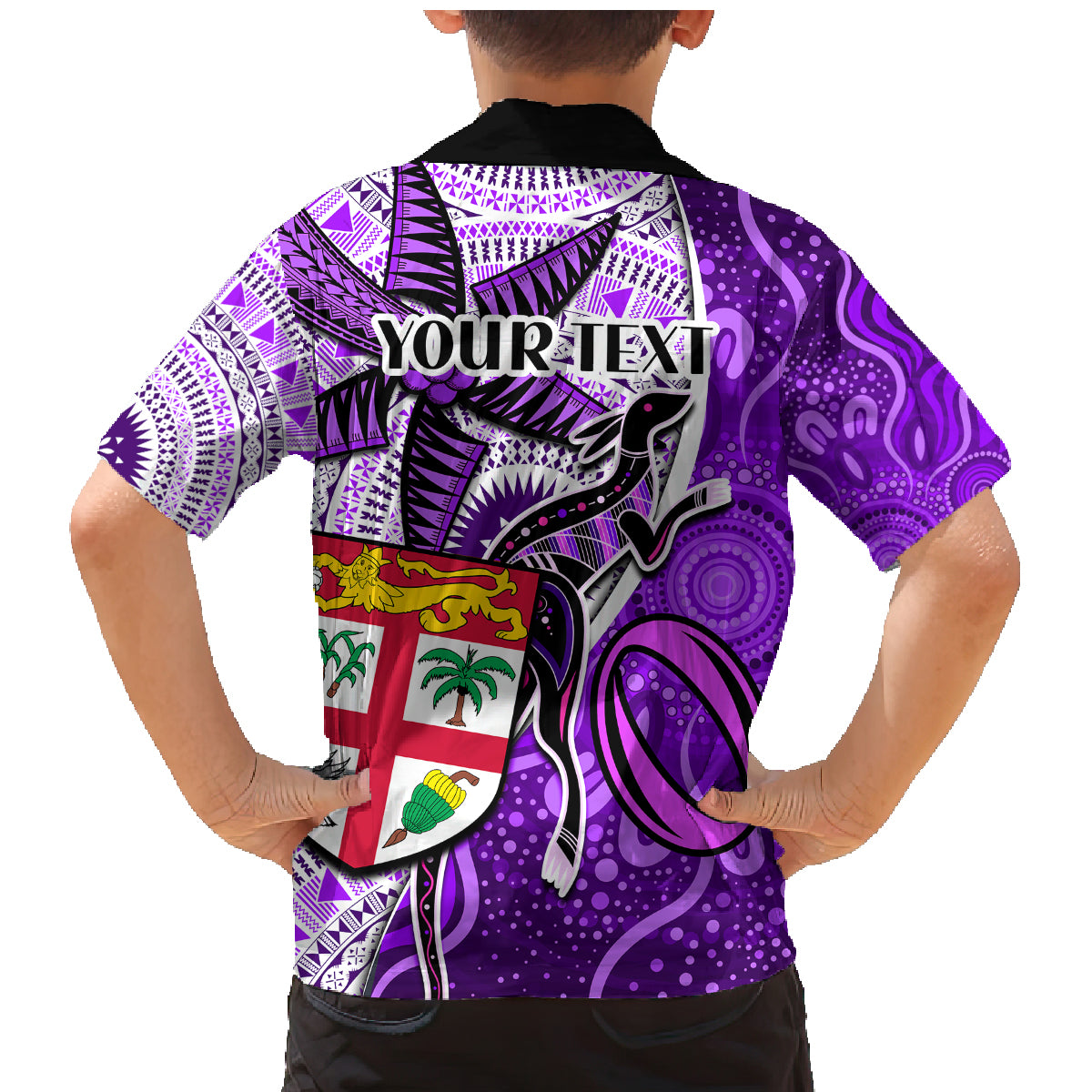 Personalised Fiji Australia Rugby Family Matching Mermaid Dress and Hawaiian Shirt Kangaroo and Palm Tree Purple Tapa Pattern Mix Aboriginal LT03 - Polynesian Pride