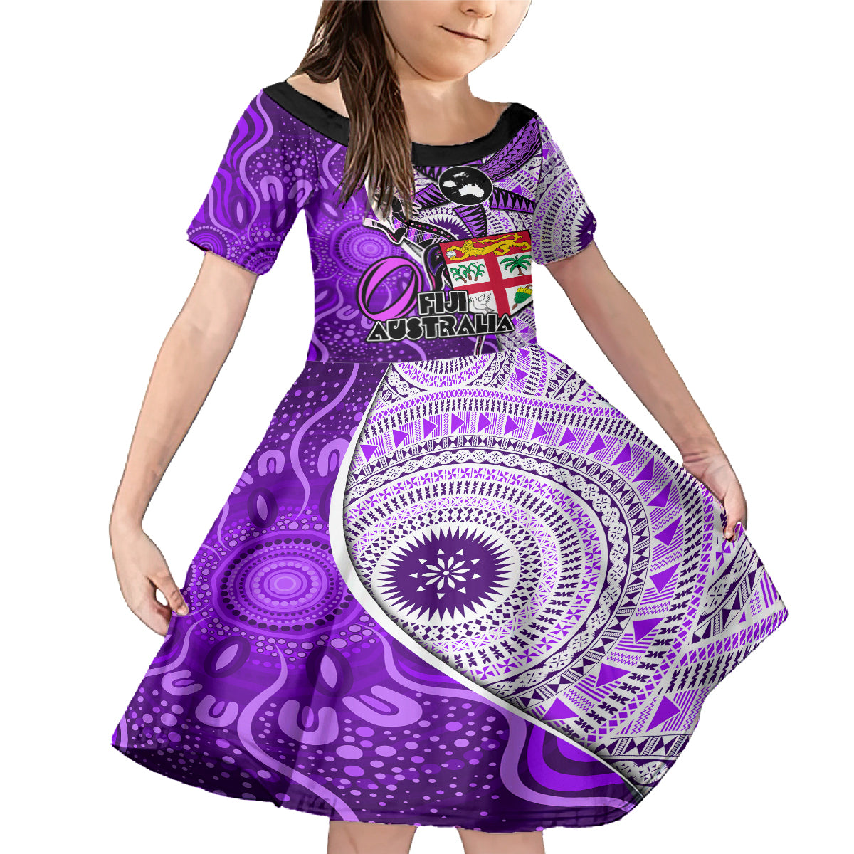 Personalised Fiji Australia Rugby Family Matching Mermaid Dress and Hawaiian Shirt Kangaroo and Palm Tree Purple Tapa Pattern Mix Aboriginal LT03 Daughter's Dress Purple - Polynesian Pride