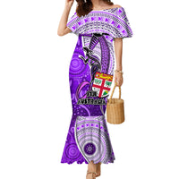 Personalised Fiji Australia Rugby Family Matching Mermaid Dress and Hawaiian Shirt Kangaroo and Palm Tree Purple Tapa Pattern Mix Aboriginal LT03 Mom's Dress Purple - Polynesian Pride