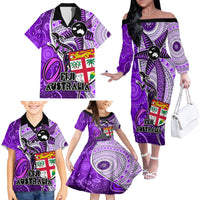 Personalised Fiji Australia Rugby Family Matching Off Shoulder Long Sleeve Dress and Hawaiian Shirt Kangaroo and Palm Tree Purple Tapa Pattern Mix Aboriginal LT03 - Polynesian Pride