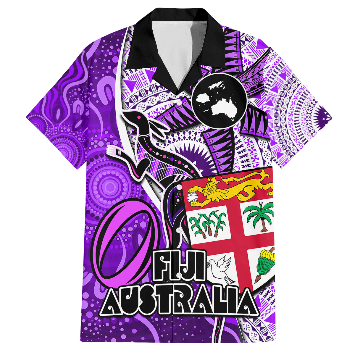 Personalised Fiji Australia Rugby Family Matching Off Shoulder Long Sleeve Dress and Hawaiian Shirt Kangaroo and Palm Tree Purple Tapa Pattern Mix Aboriginal LT03 Dad's Shirt - Short Sleeve Purple - Polynesian Pride