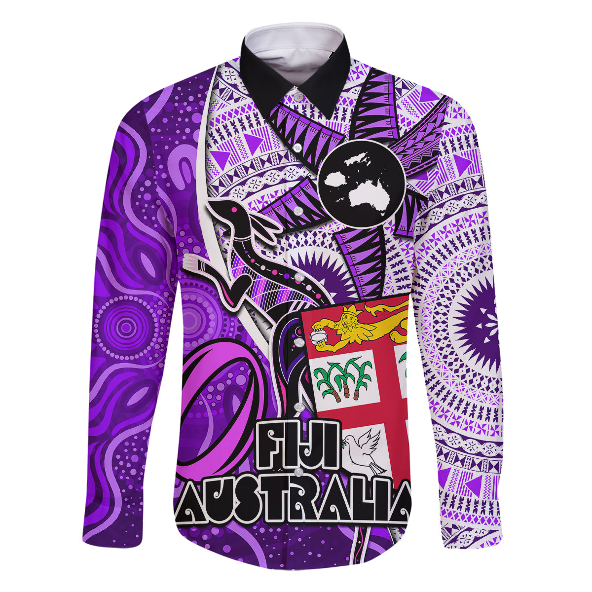 Personalised Fiji Australia Rugby Family Matching Off Shoulder Long Sleeve Dress and Hawaiian Shirt Kangaroo and Palm Tree Purple Tapa Pattern Mix Aboriginal LT03 Dad's Shirt - Long Sleeve Purple - Polynesian Pride