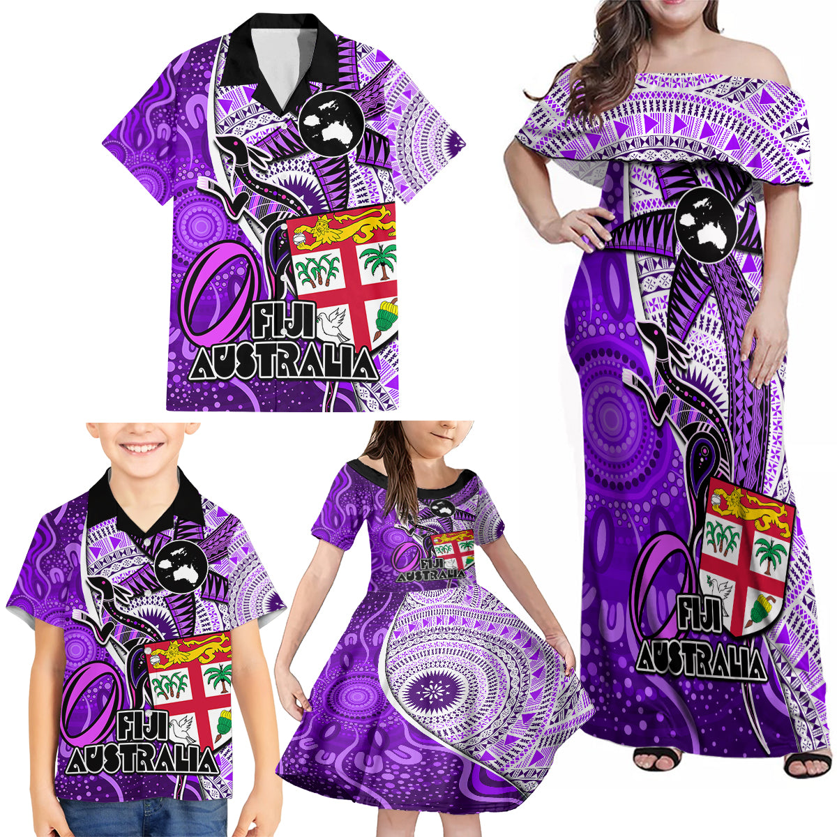 Personalised Fiji Australia Rugby Family Matching Off Shoulder Maxi Dress and Hawaiian Shirt Kangaroo and Palm Tree Purple Tapa Pattern Mix Aboriginal LT03 - Polynesian Pride
