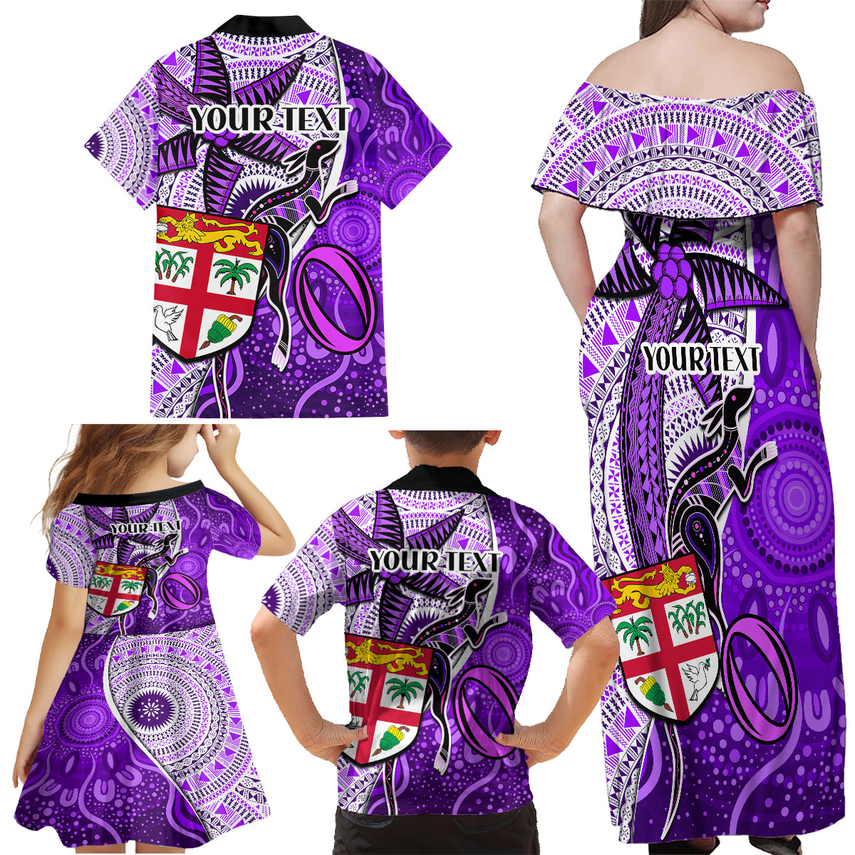 Personalised Fiji Australia Rugby Family Matching Off Shoulder Maxi Dress and Hawaiian Shirt Kangaroo and Palm Tree Purple Tapa Pattern Mix Aboriginal LT03 - Polynesian Pride