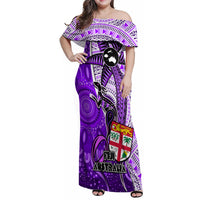 Personalised Fiji Australia Rugby Family Matching Off Shoulder Maxi Dress and Hawaiian Shirt Kangaroo and Palm Tree Purple Tapa Pattern Mix Aboriginal LT03 Dad's Shirt - Long Sleeve Purple - Polynesian Pride