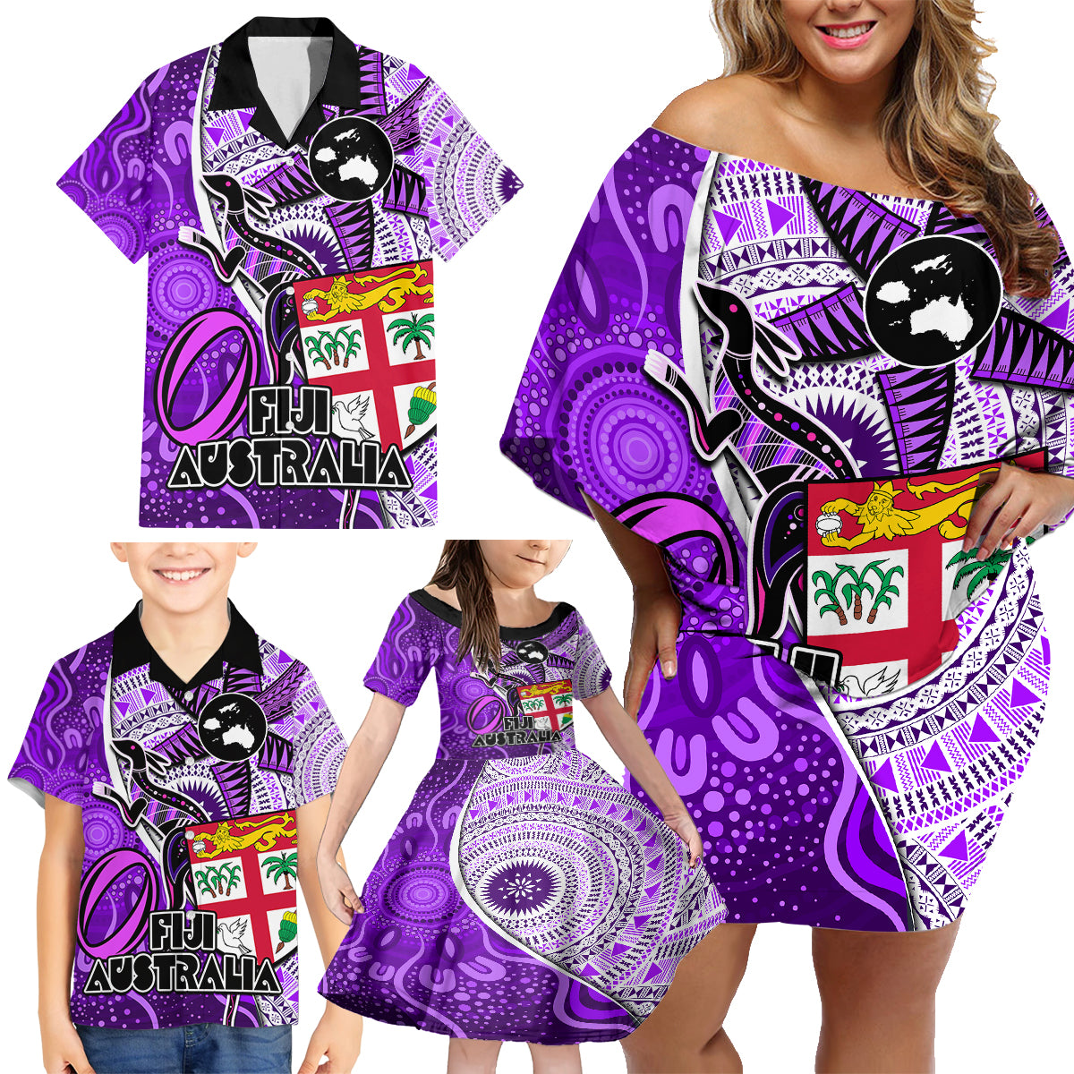 Personalised Fiji Australia Rugby Family Matching Off Shoulder Short Dress and Hawaiian Shirt Kangaroo and Palm Tree Purple Tapa Pattern Mix Aboriginal LT03 - Polynesian Pride