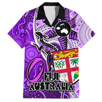 Personalised Fiji Australia Rugby Family Matching Puletasi Dress and Hawaiian Shirt Kangaroo and Palm Tree Purple Tapa Pattern Mix Aboriginal LT03 Dad's Shirt - Short Sleeve Purple - Polynesian Pride