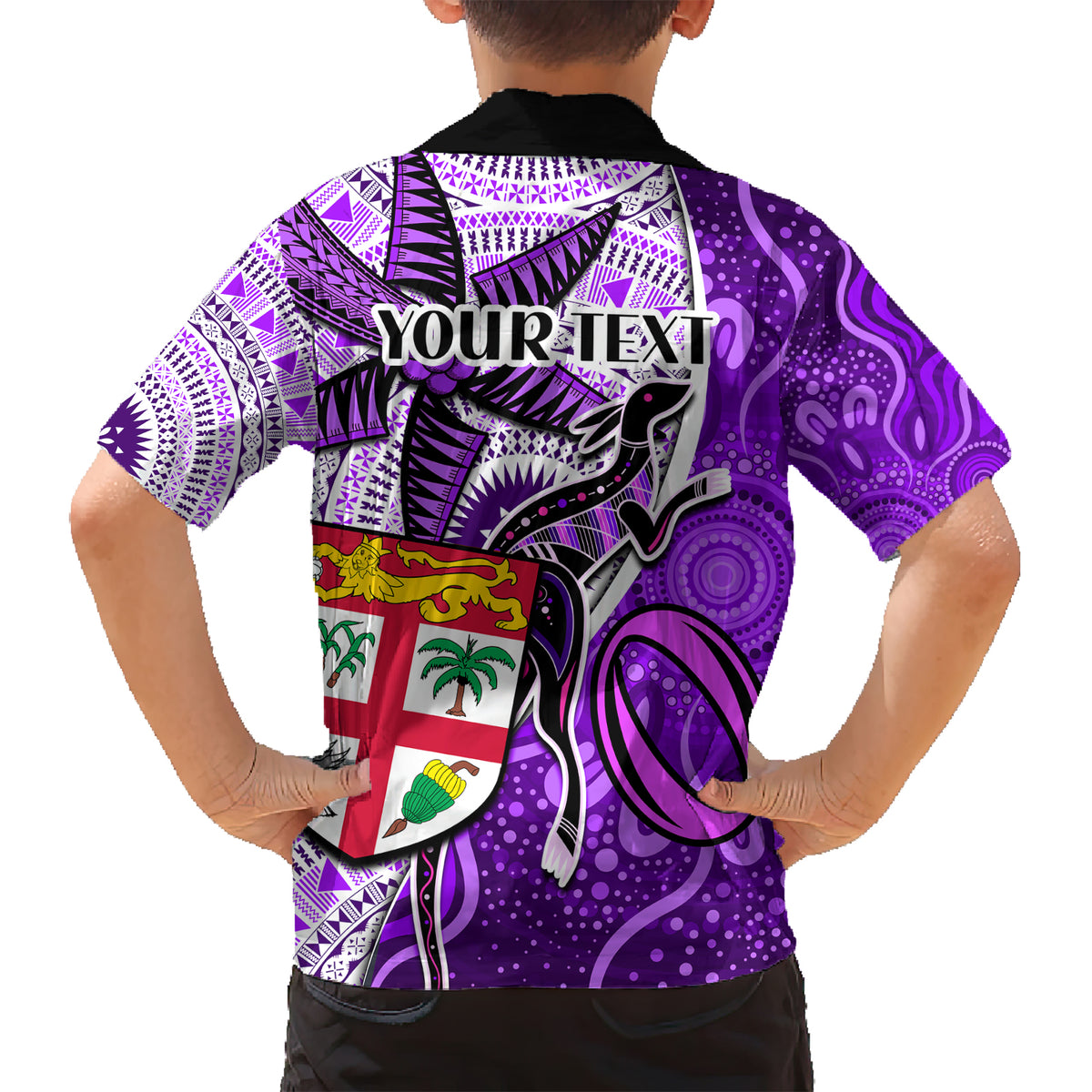 Personalised Fiji Australia Rugby Family Matching Short Sleeve Bodycon Dress and Hawaiian Shirt Kangaroo and Palm Tree Purple Tapa Pattern Mix Aboriginal LT03 - Polynesian Pride
