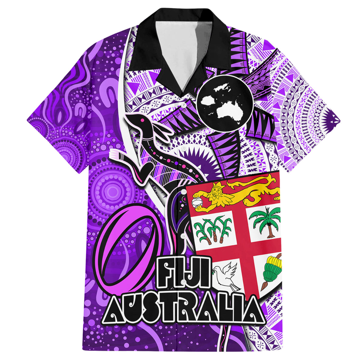 Personalised Fiji Australia Rugby Family Matching Short Sleeve Bodycon Dress and Hawaiian Shirt Kangaroo and Palm Tree Purple Tapa Pattern Mix Aboriginal LT03 Dad's Shirt - Short Sleeve Purple - Polynesian Pride