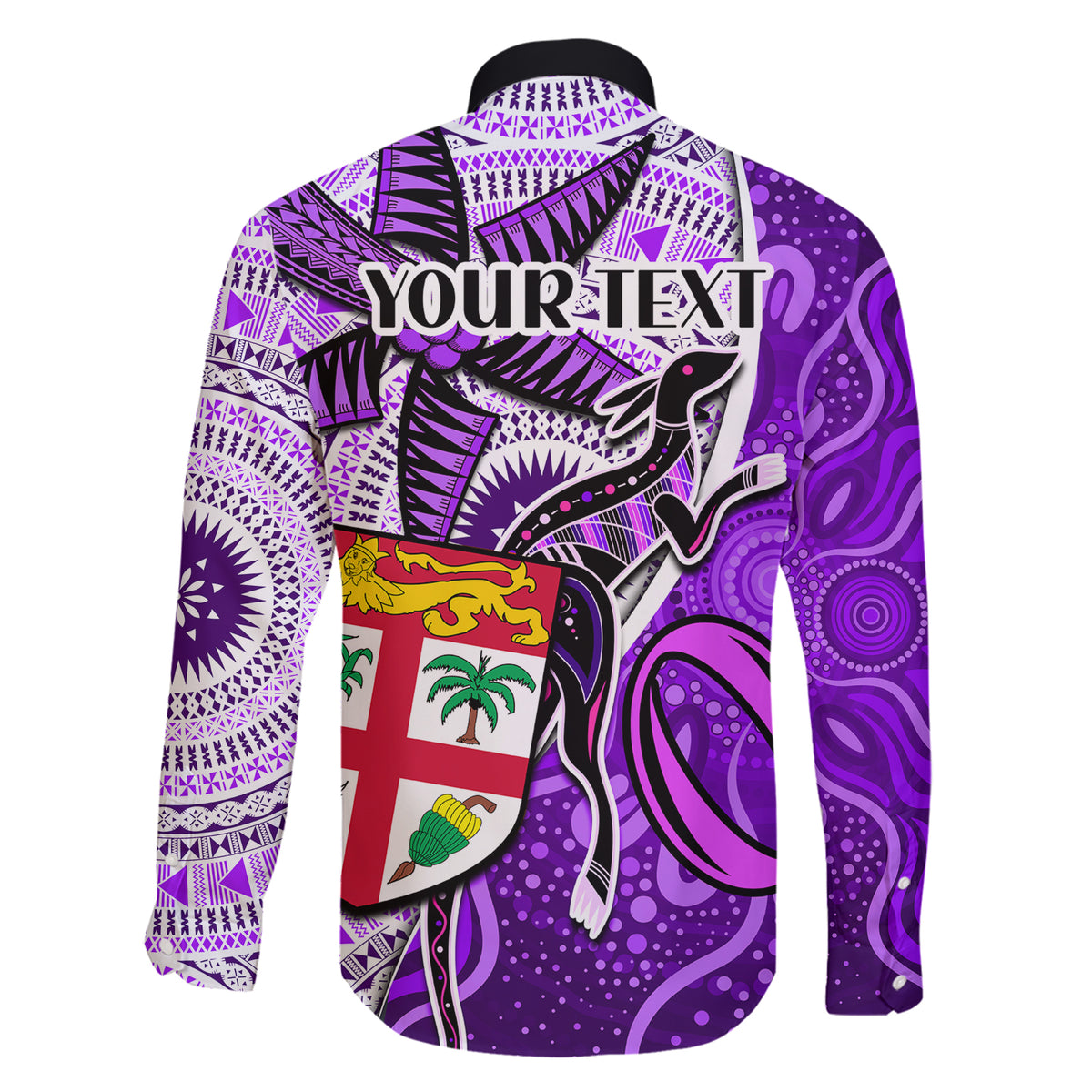 Personalised Fiji Australia Rugby Family Matching Short Sleeve Bodycon Dress and Hawaiian Shirt Kangaroo and Palm Tree Purple Tapa Pattern Mix Aboriginal LT03 - Polynesian Pride