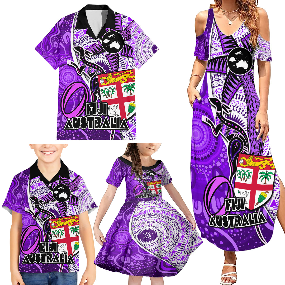 Personalised Fiji Australia Rugby Family Matching Summer Maxi Dress and Hawaiian Shirt Kangaroo and Palm Tree Purple Tapa Pattern Mix Aboriginal LT03 - Polynesian Pride