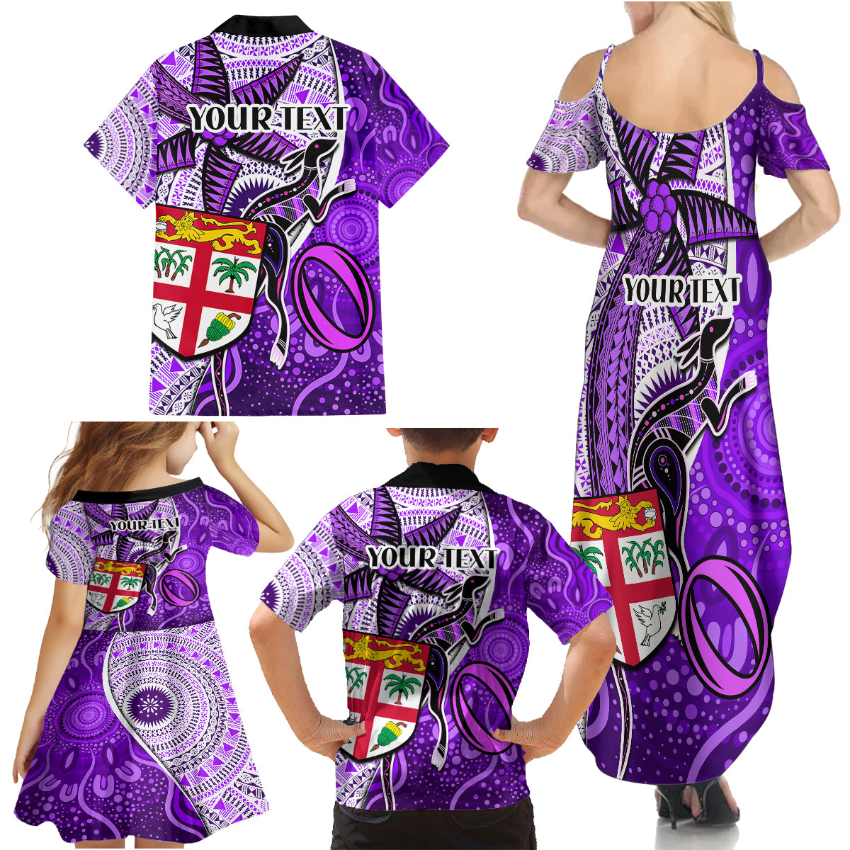 Personalised Fiji Australia Rugby Family Matching Summer Maxi Dress and Hawaiian Shirt Kangaroo and Palm Tree Purple Tapa Pattern Mix Aboriginal LT03 - Polynesian Pride