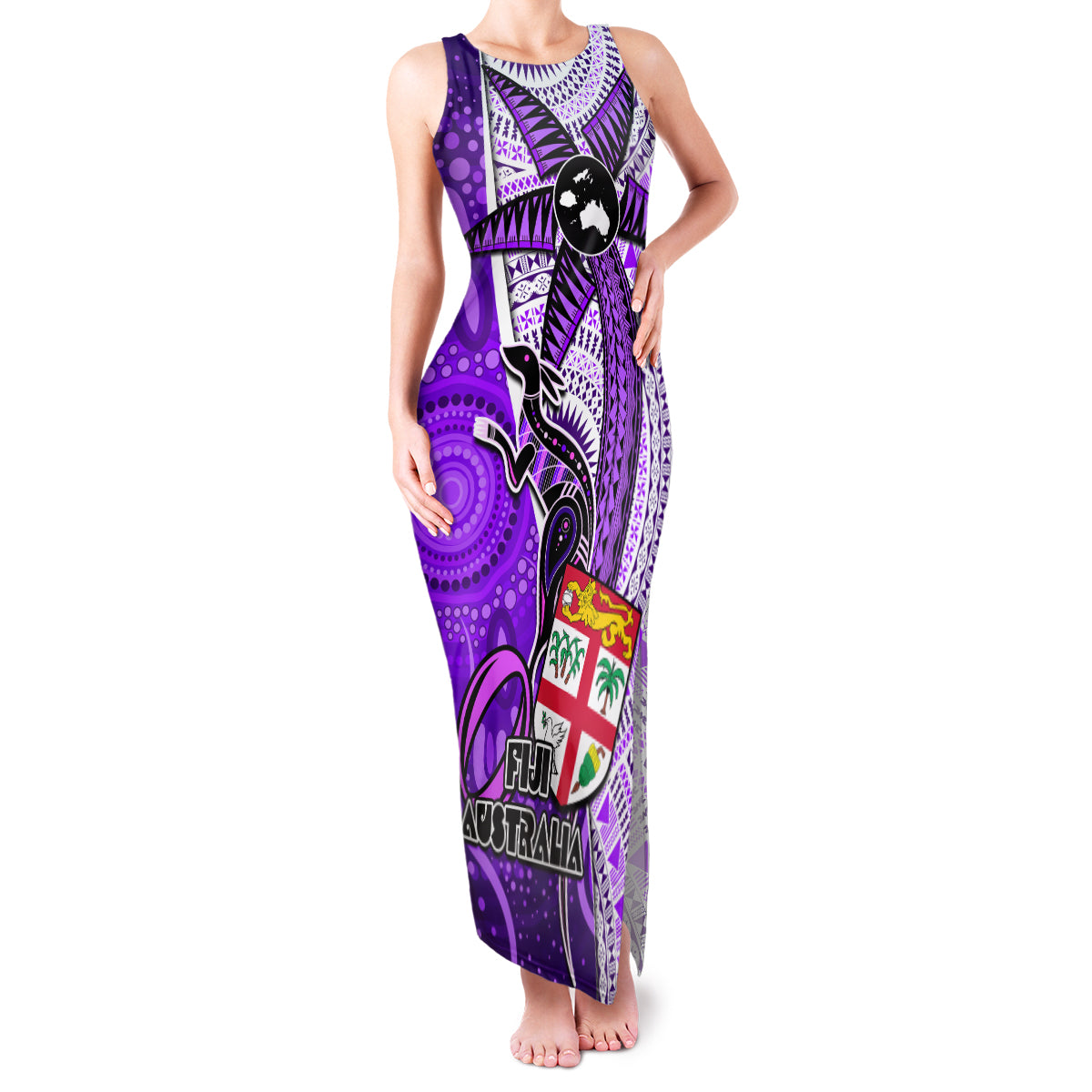 Personalised Fiji Australia Rugby Family Matching Tank Maxi Dress and Hawaiian Shirt Kangaroo and Palm Tree Purple Tapa Pattern Mix Aboriginal LT03 Mom's Dress Purple - Polynesian Pride