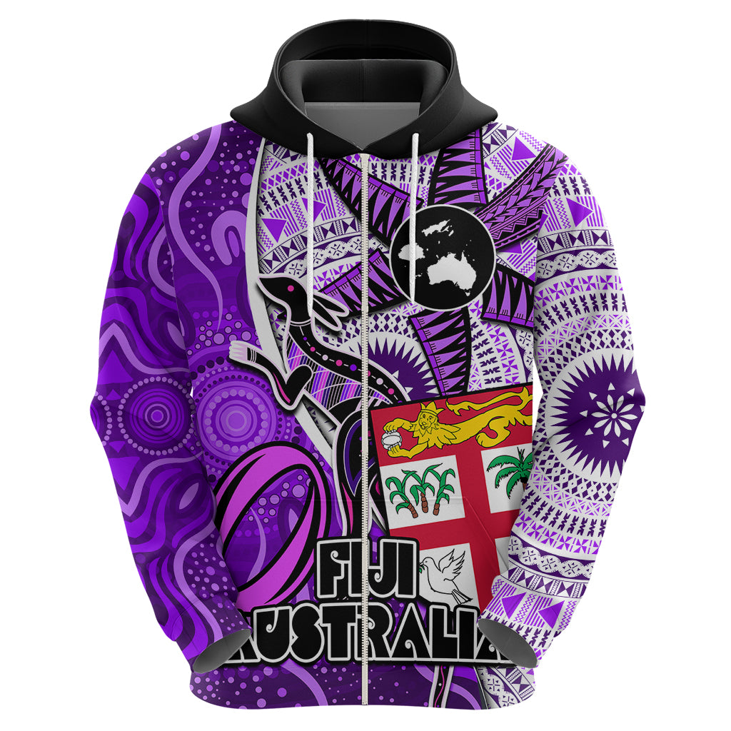 Personalised Fiji Australia Rugby Hoodie Kangaroo and Palm Tree Purple Tapa Pattern Mix Aboriginal LT03 - Polynesian Pride