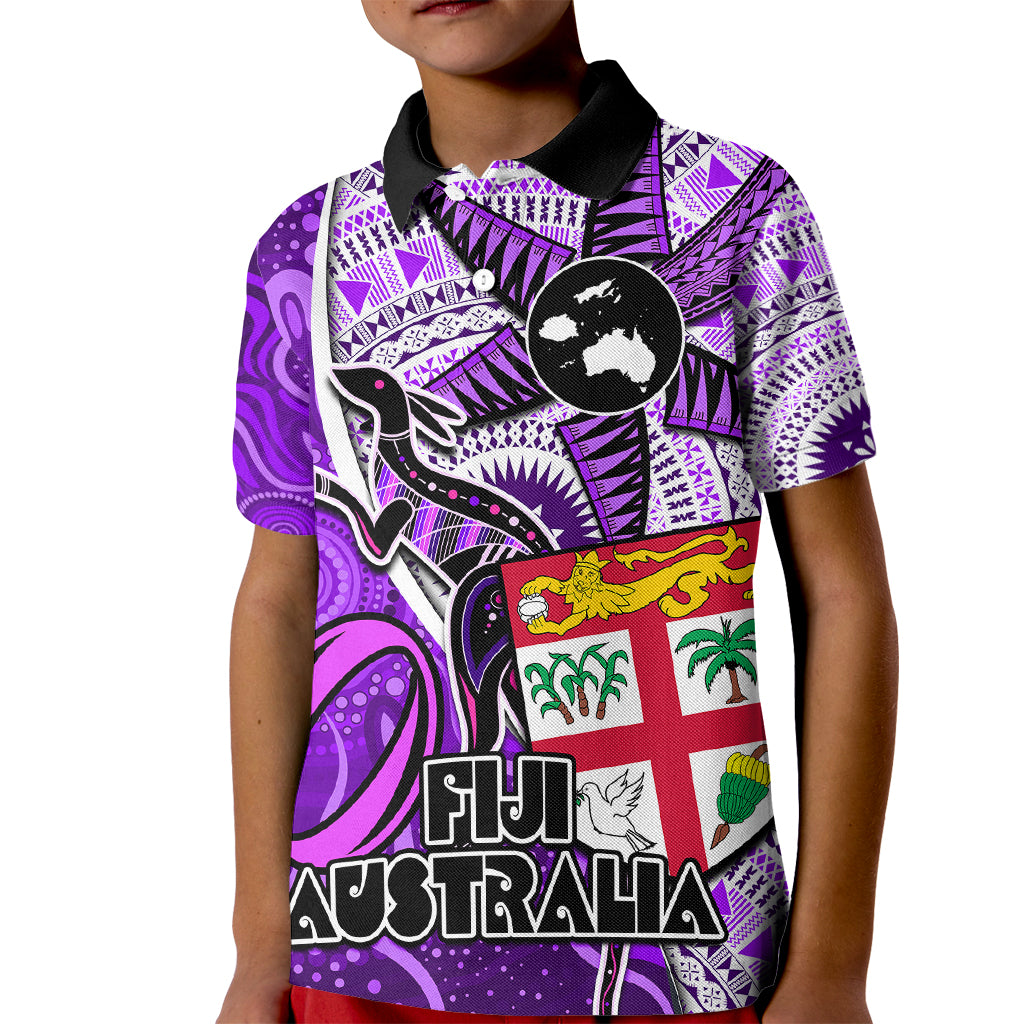 Personalised Fiji Australia Rugby Kid Polo Shirt Kangaroo and Palm Tree Purple Tapa Pattern Mix Aboriginal LT03 Kid Purple - Polynesian Pride