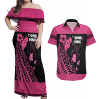 Breast Cancer Awareness Couples Matching Off Shoulder Maxi Dress and Hawaiian Shirt Think Pink Polynesian Ribbon and Butterfly