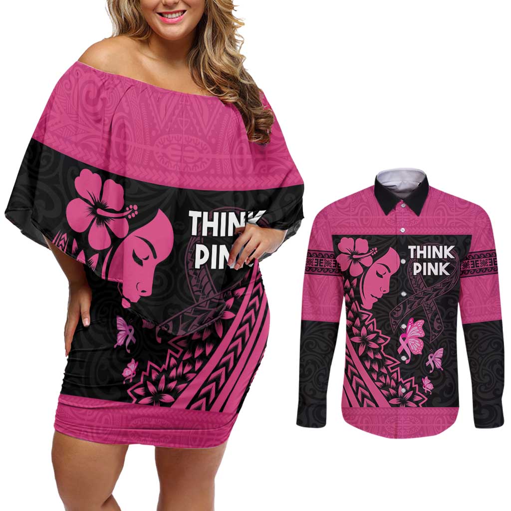 Breast Cancer Awareness Couples Matching Off Shoulder Short Dress and Long Sleeve Button Shirt Think Pink Polynesian Ribbon and Butterfly LT03 Pink - Polynesian Pride
