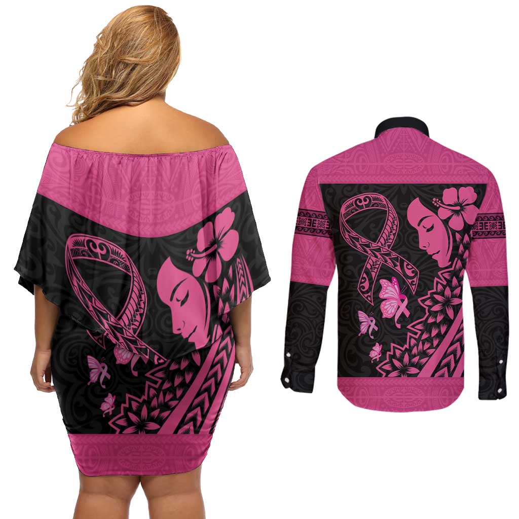 Breast Cancer Awareness Couples Matching Off Shoulder Short Dress and Long Sleeve Button Shirt Think Pink Polynesian Ribbon and Butterfly LT03 - Polynesian Pride