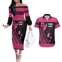 Breast Cancer Awareness Couples Matching Off The Shoulder Long Sleeve Dress and Hawaiian Shirt Think Pink Polynesian Ribbon and Butterfly LT03 Pink - Polynesian Pride