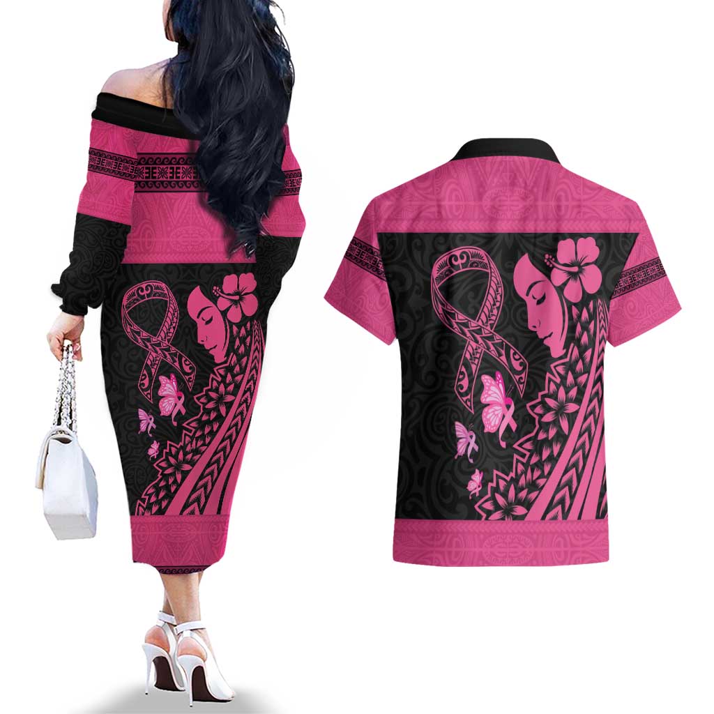 Breast Cancer Awareness Couples Matching Off The Shoulder Long Sleeve Dress and Hawaiian Shirt Think Pink Polynesian Ribbon and Butterfly LT03 - Polynesian Pride