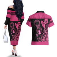 Breast Cancer Awareness Couples Matching Off The Shoulder Long Sleeve Dress and Hawaiian Shirt Think Pink Polynesian Ribbon and Butterfly LT03 - Polynesian Pride
