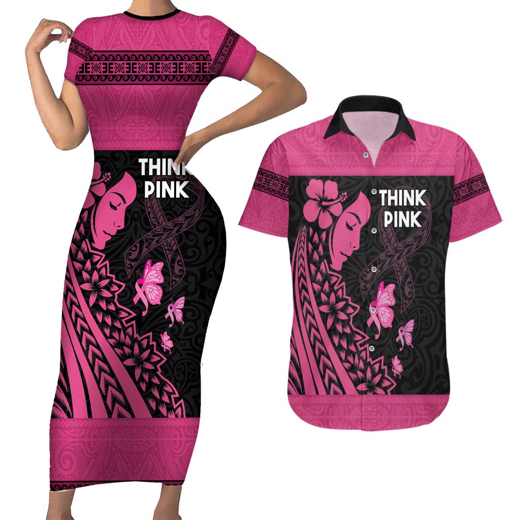 Breast Cancer Awareness Couples Matching Short Sleeve Bodycon Dress and Hawaiian Shirt Think Pink Polynesian Ribbon and Butterfly LT03 Pink - Polynesian Pride