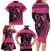 Breast Cancer Awareness Family Matching Long Sleeve Bodycon Dress and Hawaiian Shirt Think Pink Polynesian Ribbon and Butterfly LT03 - Polynesian Pride