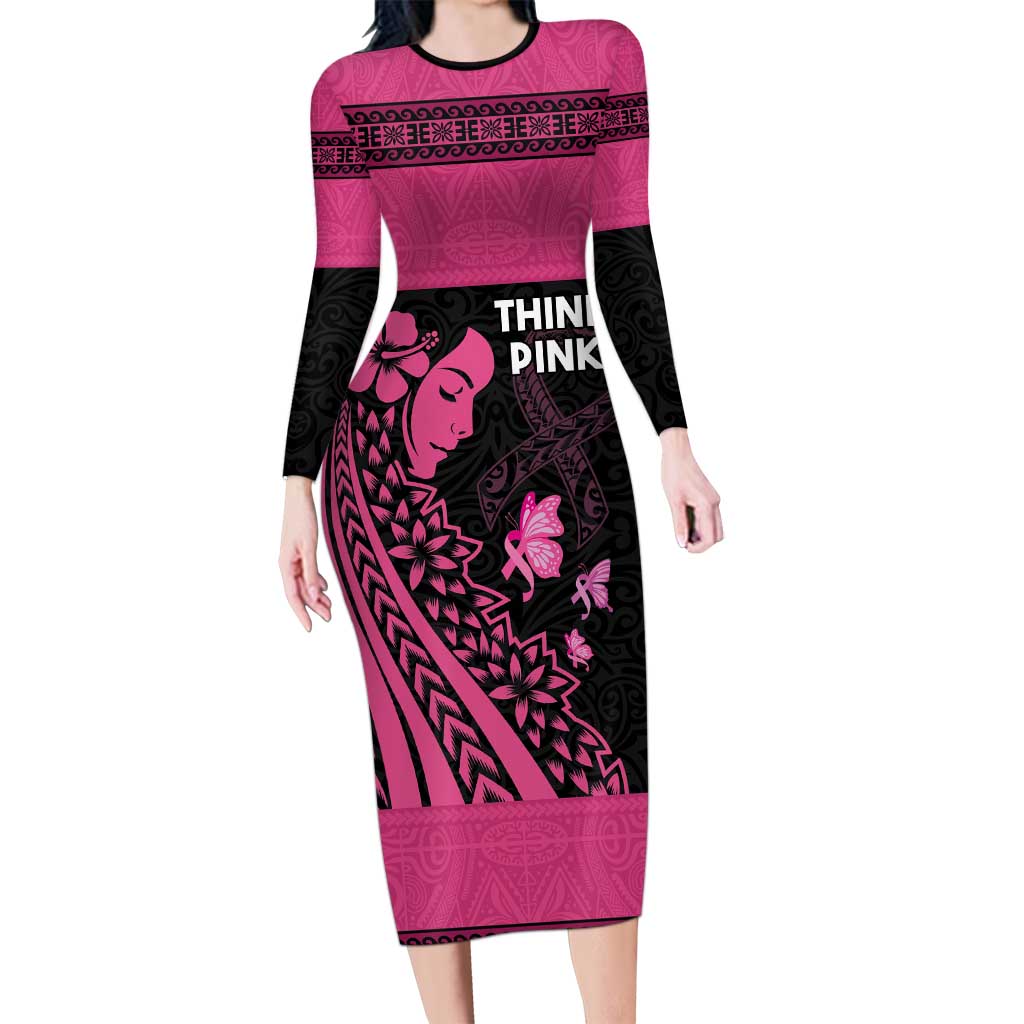Breast Cancer Awareness Family Matching Long Sleeve Bodycon Dress and Hawaiian Shirt Think Pink Polynesian Ribbon and Butterfly LT03 Mom's Dress Pink - Polynesian Pride