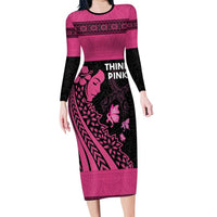 Breast Cancer Awareness Family Matching Long Sleeve Bodycon Dress and Hawaiian Shirt Think Pink Polynesian Ribbon and Butterfly LT03 Mom's Dress Pink - Polynesian Pride