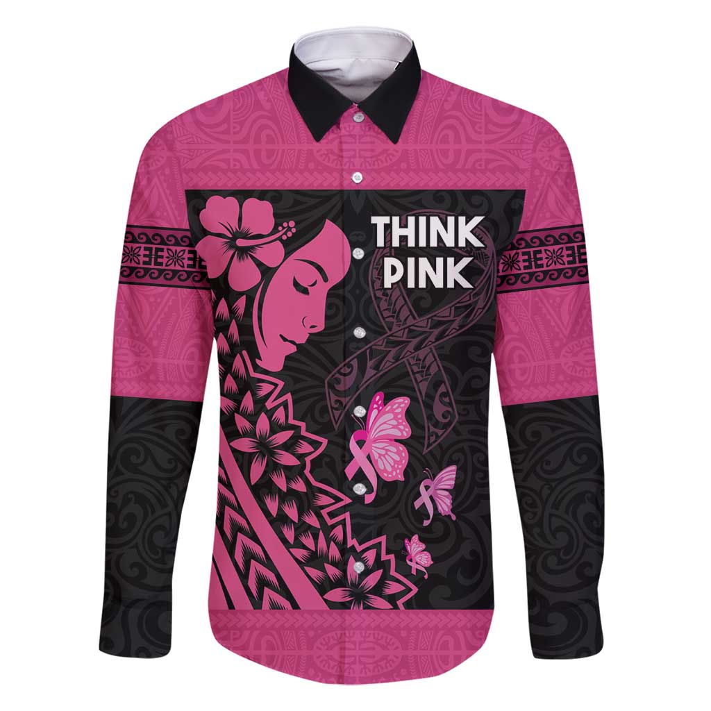 Breast Cancer Awareness Family Matching Mermaid Dress and Hawaiian Shirt Think Pink Polynesian Ribbon and Butterfly LT03 Dad's Shirt - Long Sleeve Pink - Polynesian Pride