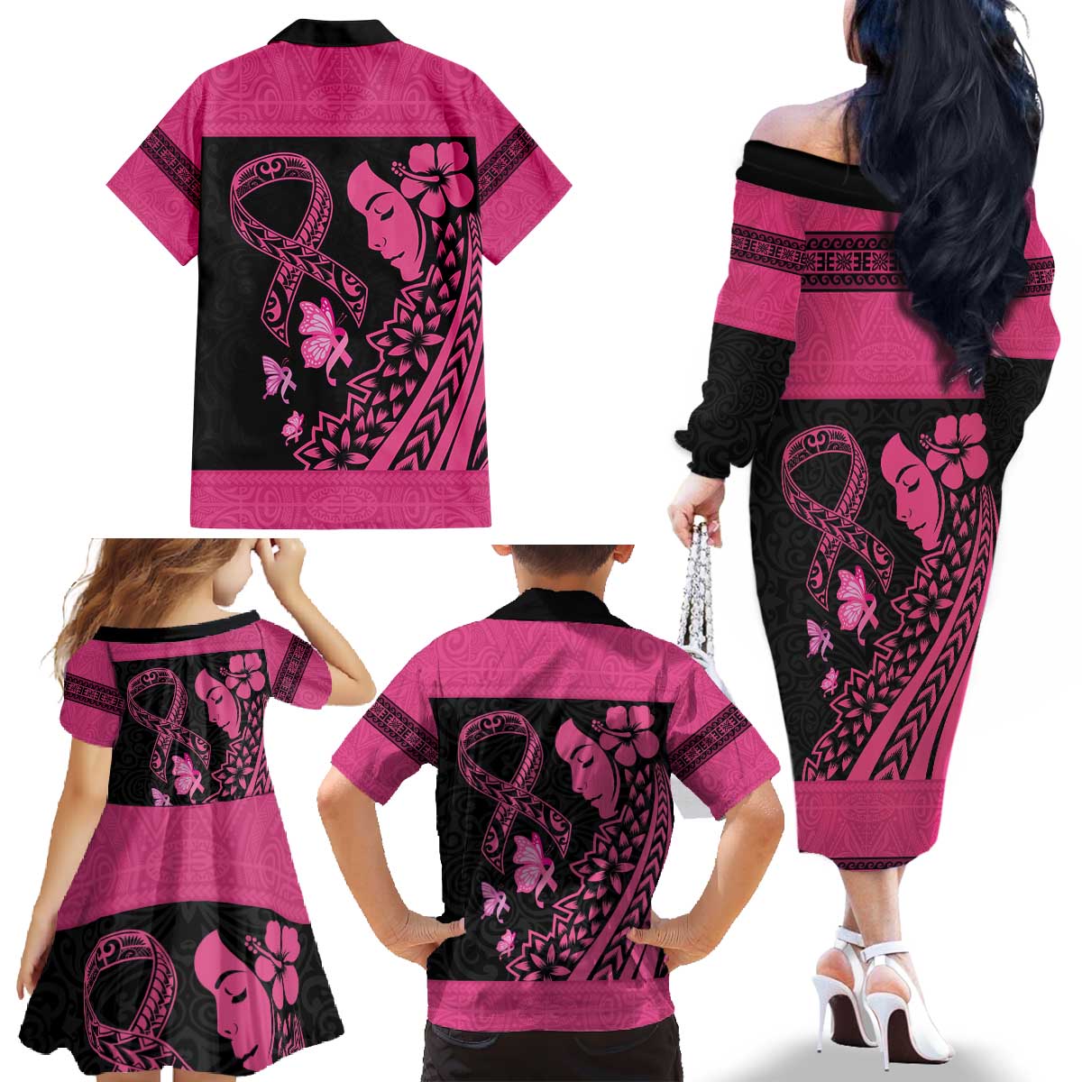 Breast Cancer Awareness Family Matching Off The Shoulder Long Sleeve Dress and Hawaiian Shirt Think Pink Polynesian Ribbon and Butterfly LT03 - Polynesian Pride