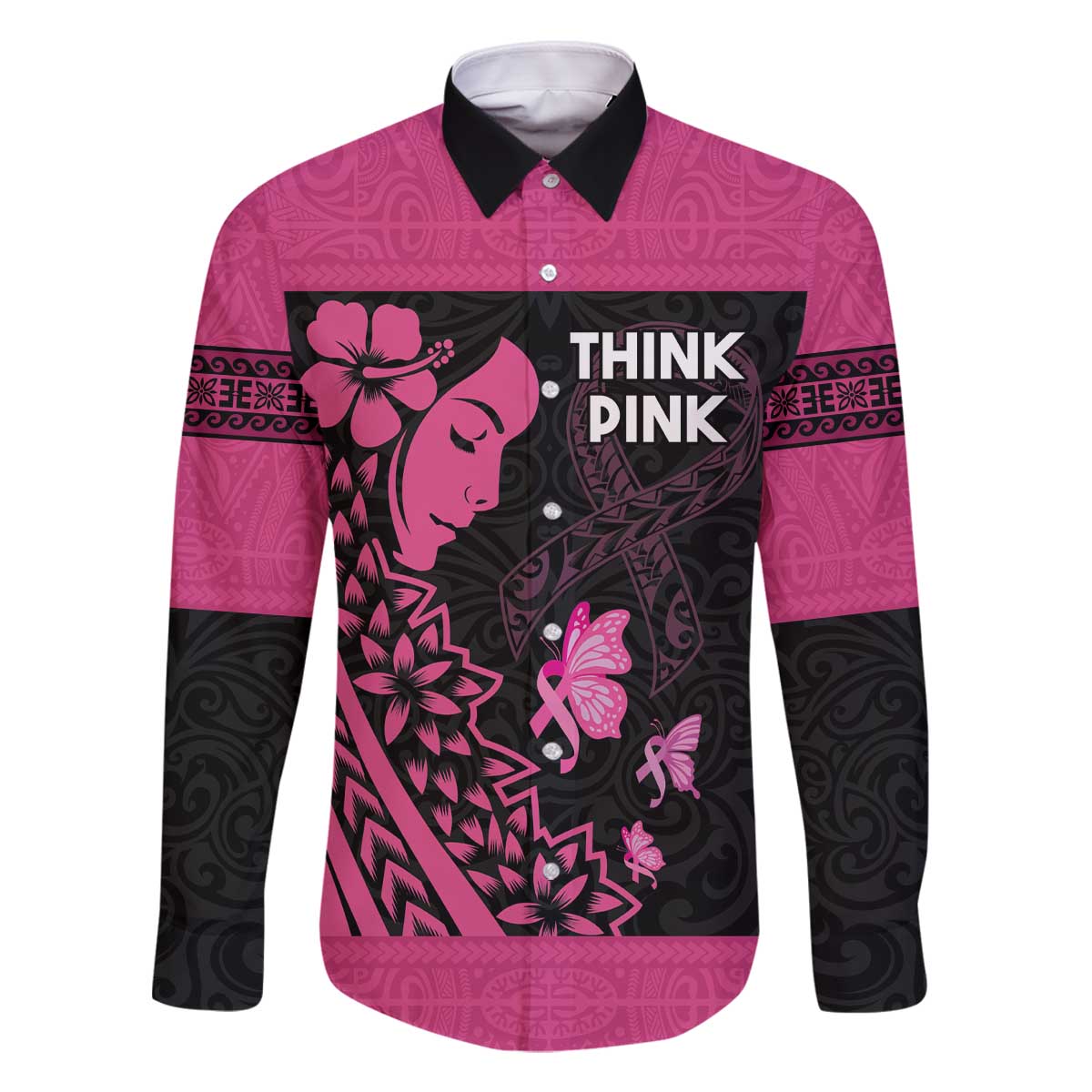 Breast Cancer Awareness Family Matching Off The Shoulder Long Sleeve Dress and Hawaiian Shirt Think Pink Polynesian Ribbon and Butterfly LT03 Dad's Shirt - Long Sleeve Pink - Polynesian Pride