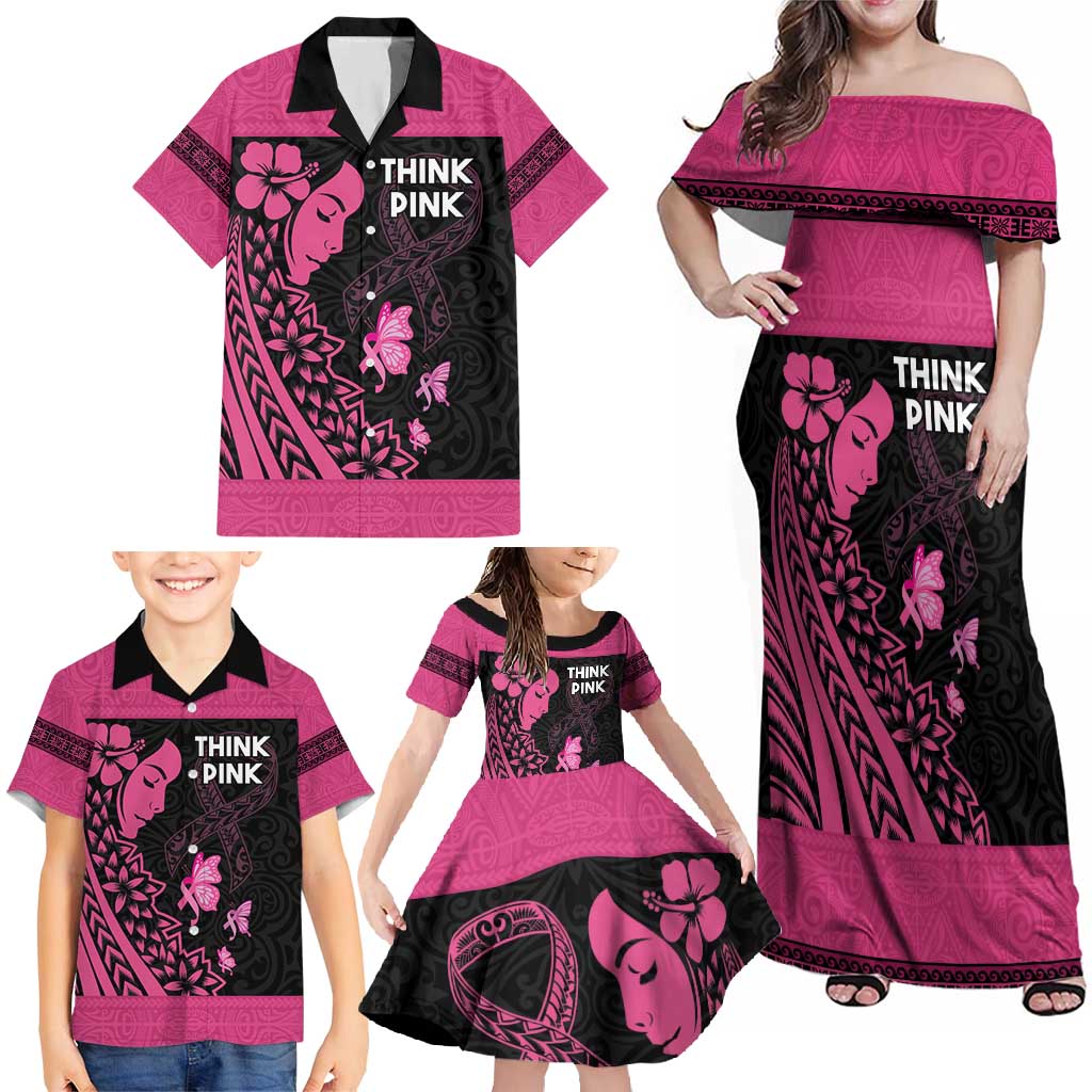 Breast Cancer Awareness Family Matching Off Shoulder Maxi Dress and Hawaiian Shirt Think Pink Polynesian Ribbon and Butterfly LT03 - Polynesian Pride