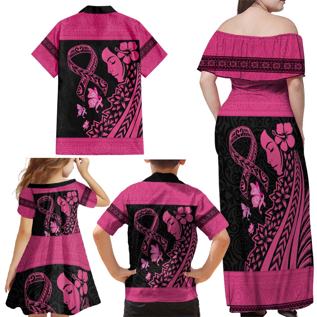 Breast Cancer Awareness Family Matching Off Shoulder Maxi Dress and Hawaiian Shirt Think Pink Polynesian Ribbon and Butterfly LT03 - Polynesian Pride