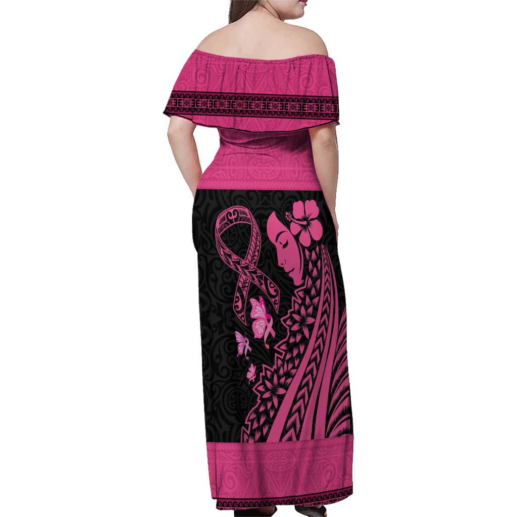 Breast Cancer Awareness Family Matching Off Shoulder Maxi Dress and Hawaiian Shirt Think Pink Polynesian Ribbon and Butterfly LT03 - Polynesian Pride