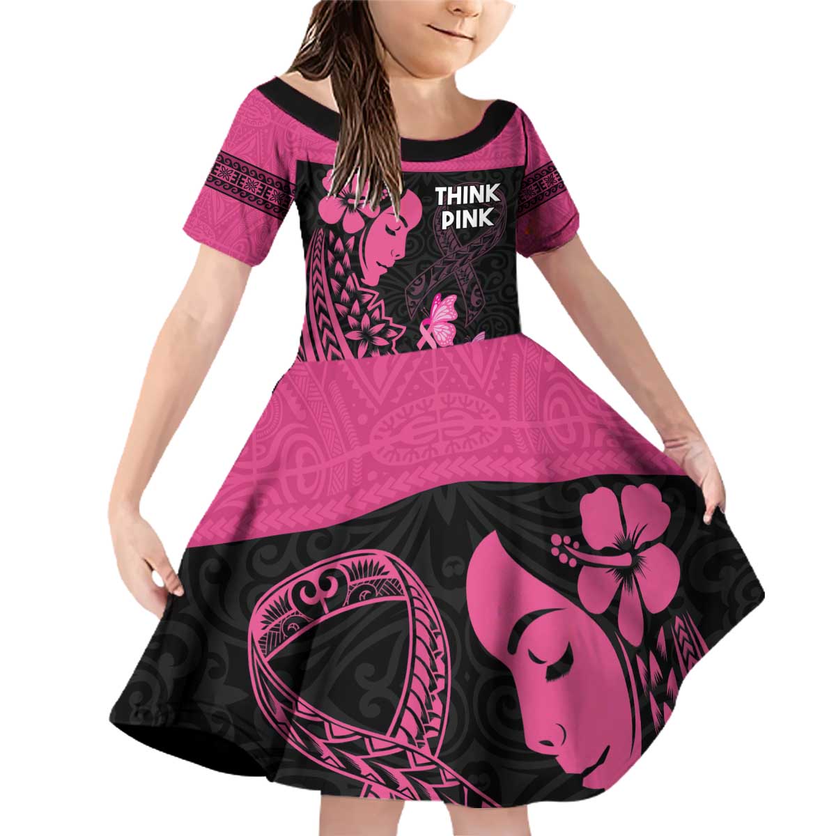 Breast Cancer Awareness Family Matching Off Shoulder Short Dress and Hawaiian Shirt Think Pink Polynesian Ribbon and Butterfly LT03 Daughter's Dress Pink - Polynesian Pride