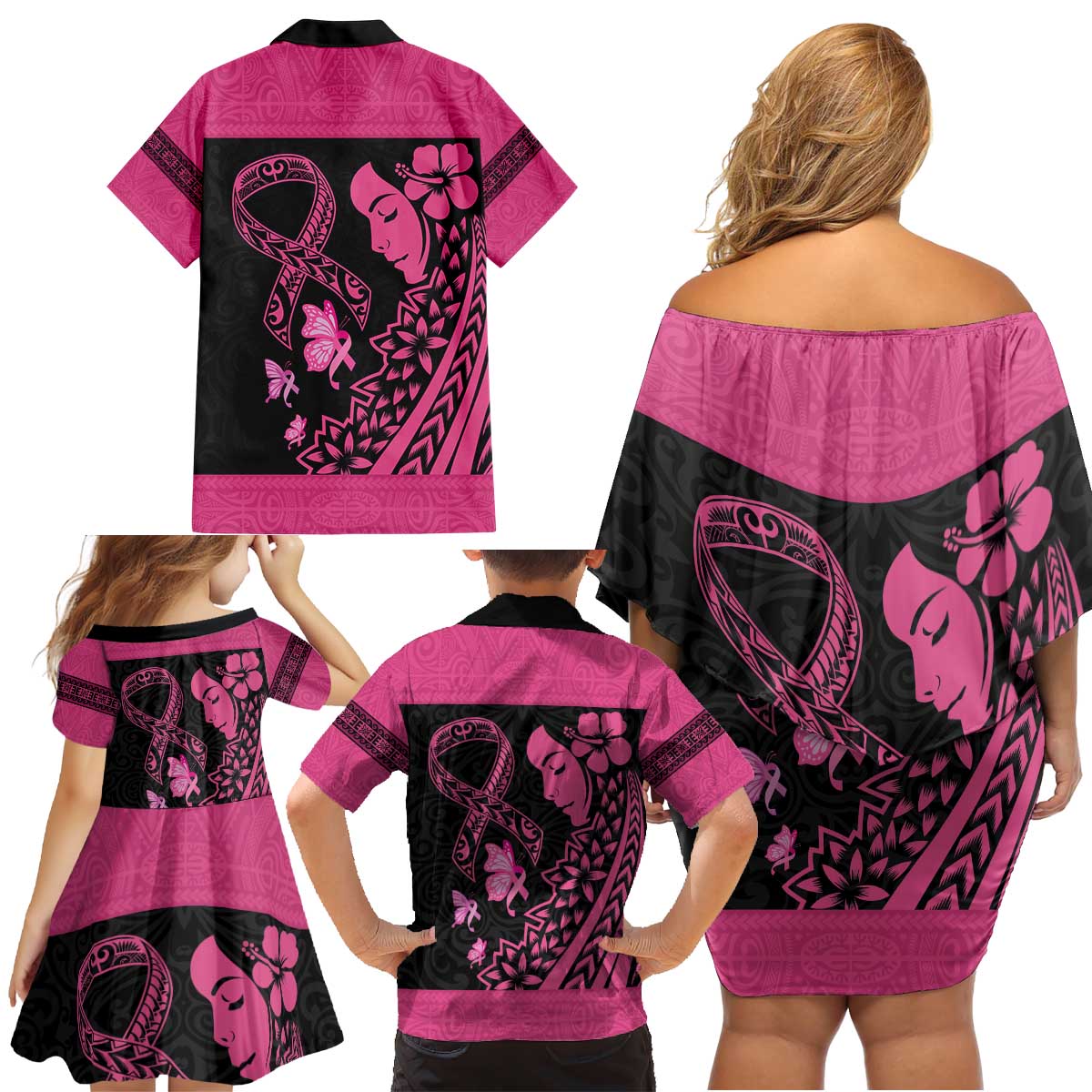 Breast Cancer Awareness Family Matching Off Shoulder Short Dress and Hawaiian Shirt Think Pink Polynesian Ribbon and Butterfly LT03 - Polynesian Pride