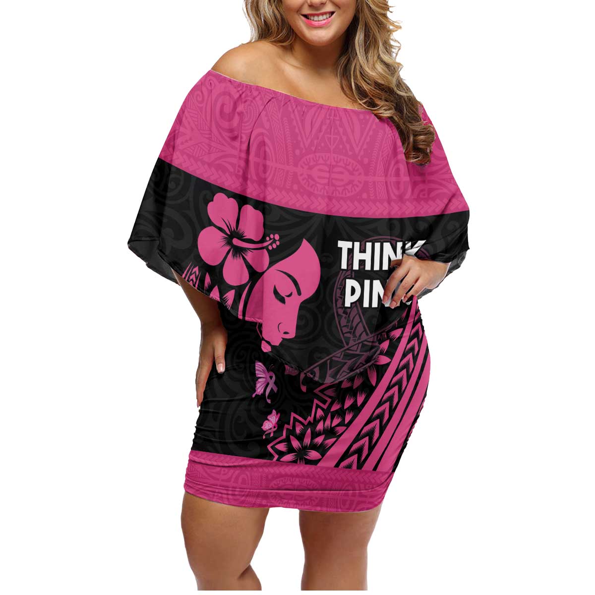 Breast Cancer Awareness Family Matching Off Shoulder Short Dress and Hawaiian Shirt Think Pink Polynesian Ribbon and Butterfly LT03 Mom's Dress Pink - Polynesian Pride