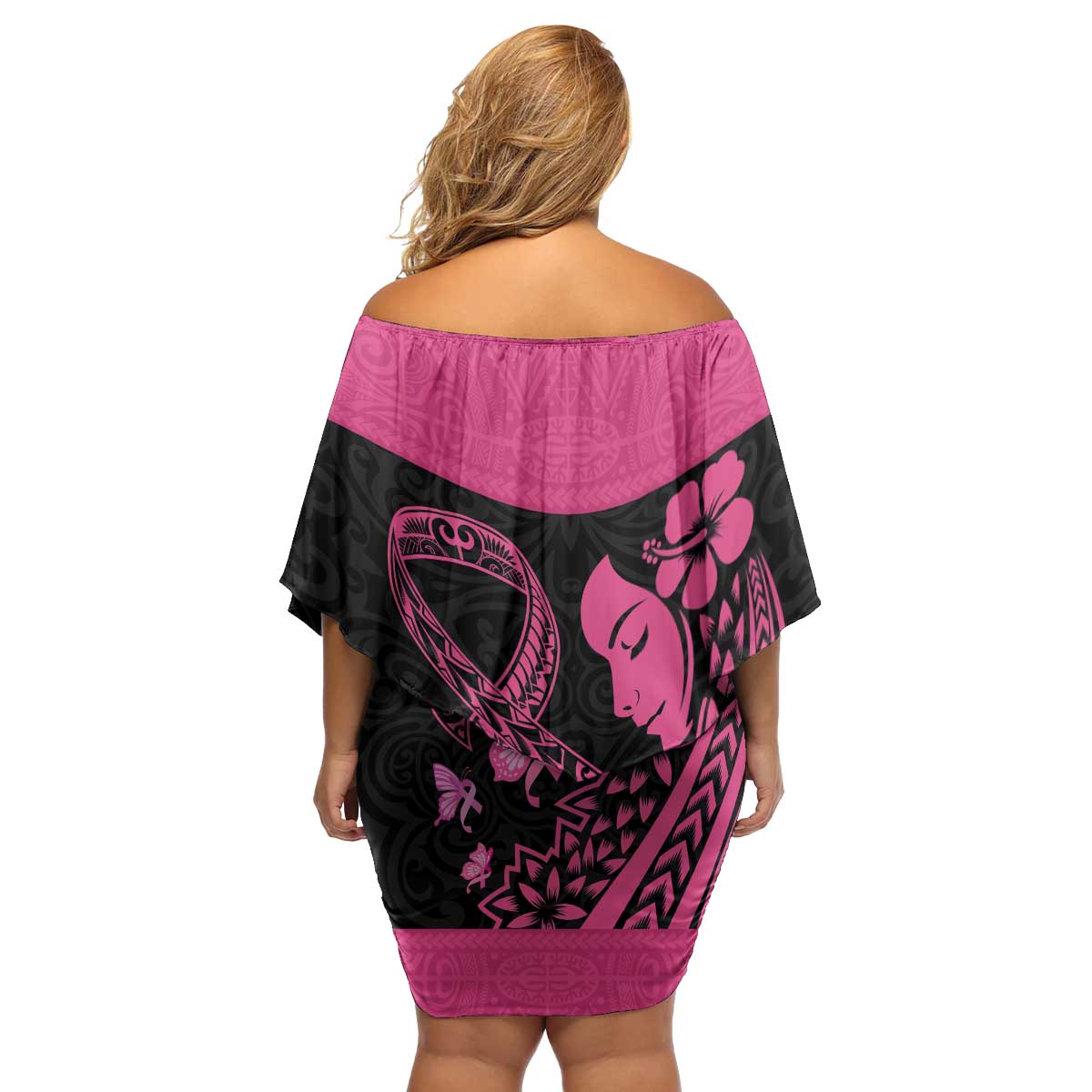 Breast Cancer Awareness Family Matching Off Shoulder Short Dress and Hawaiian Shirt Think Pink Polynesian Ribbon and Butterfly LT03 - Polynesian Pride
